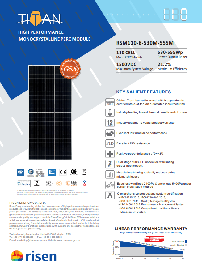 datasheet Tấm Pin Năng Lượng Mặt Trời Risen 530 - 555 WP | Risen Solar