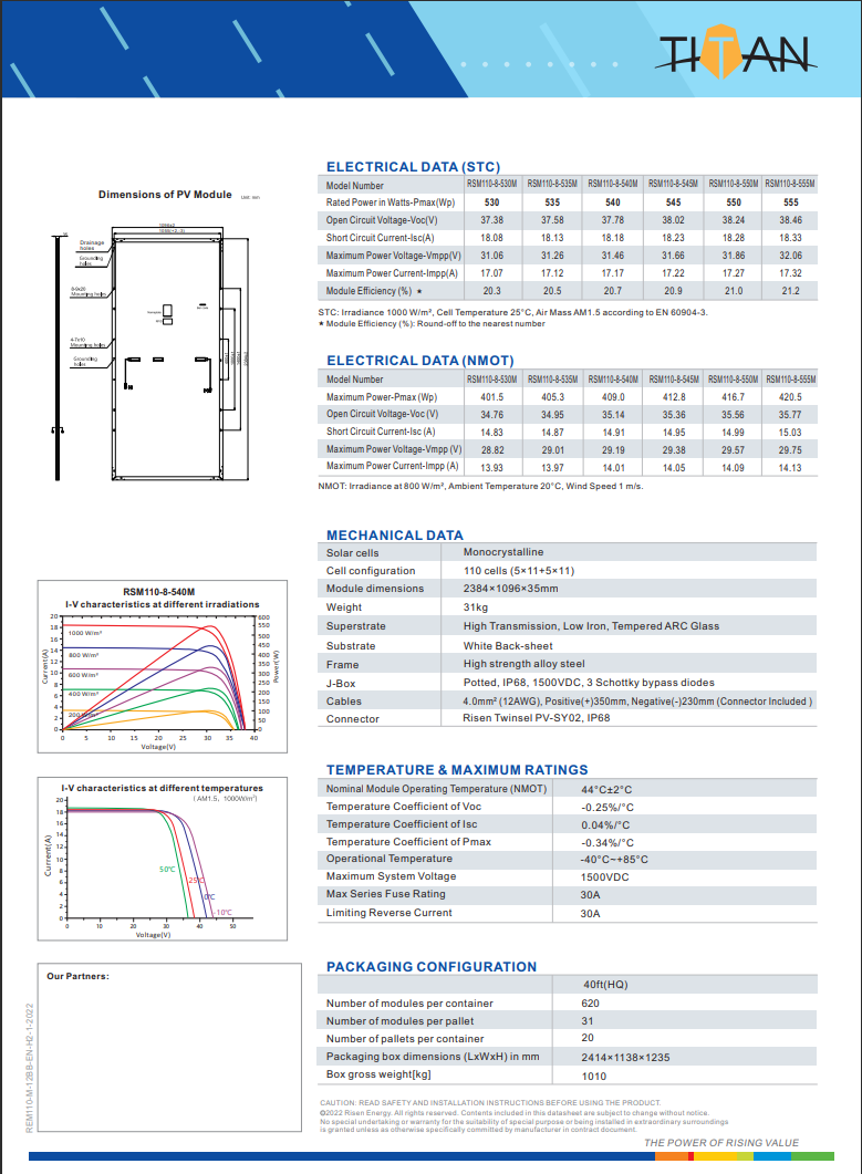 datasheet Tấm Pin Năng Lượng Mặt Trời Risen 530 - 555 WP | Risen Solar